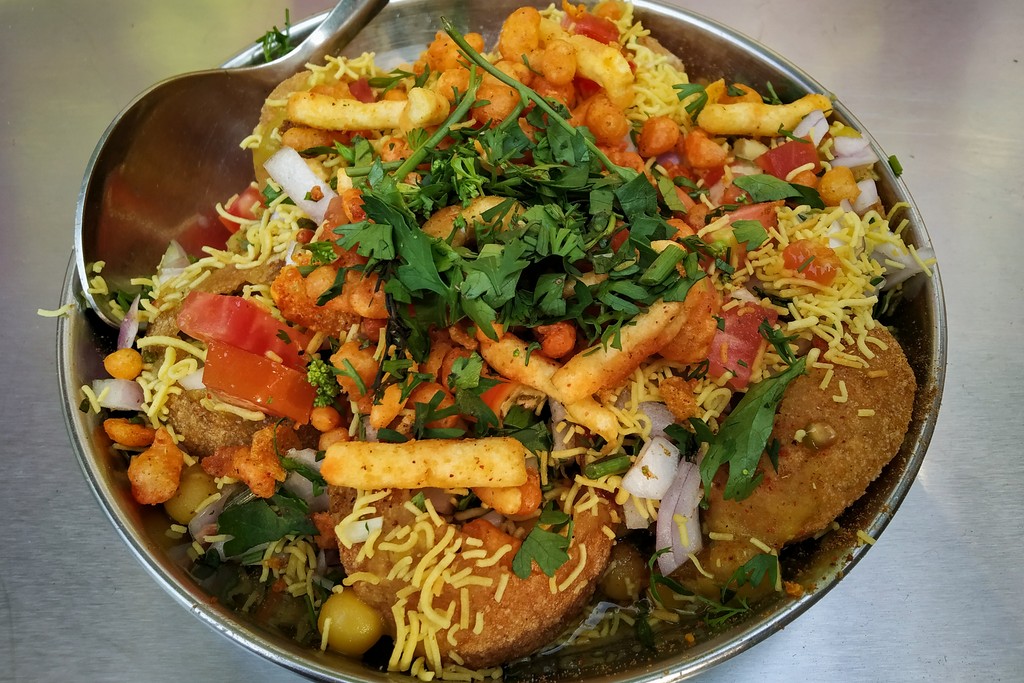 Masala chaat sev puri dish, a popular street food of India